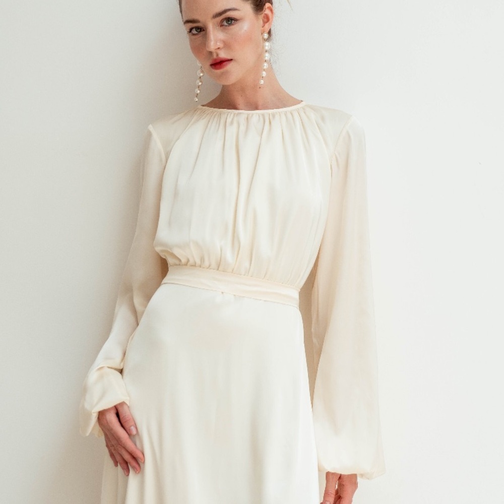 Ivory Long Sleeve Satin Dress